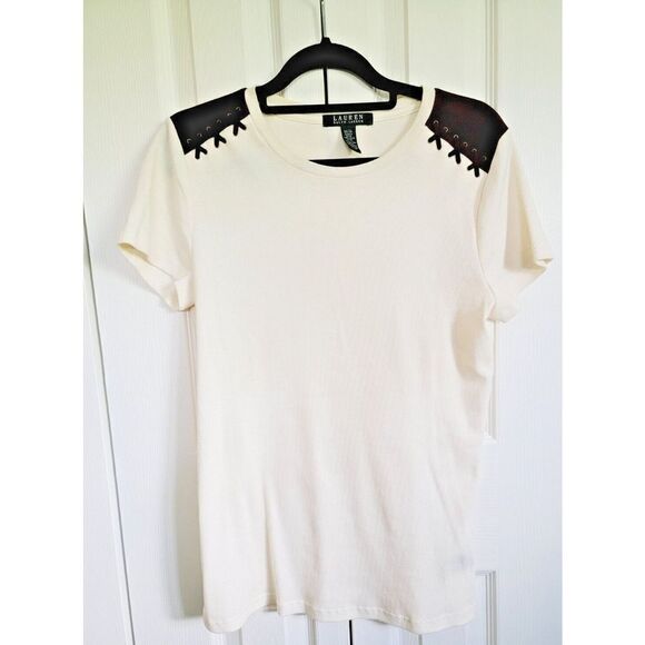 Lauren Ralph Lauren‎ M Ribbed Top Suede Tie Look Shoulder Cream/Brown Cotton - Picture 1 of 5